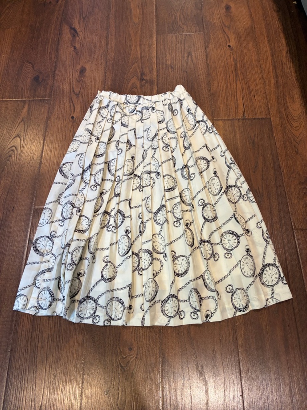 Cream Pocket Watch Print Pleated Midi Skirt